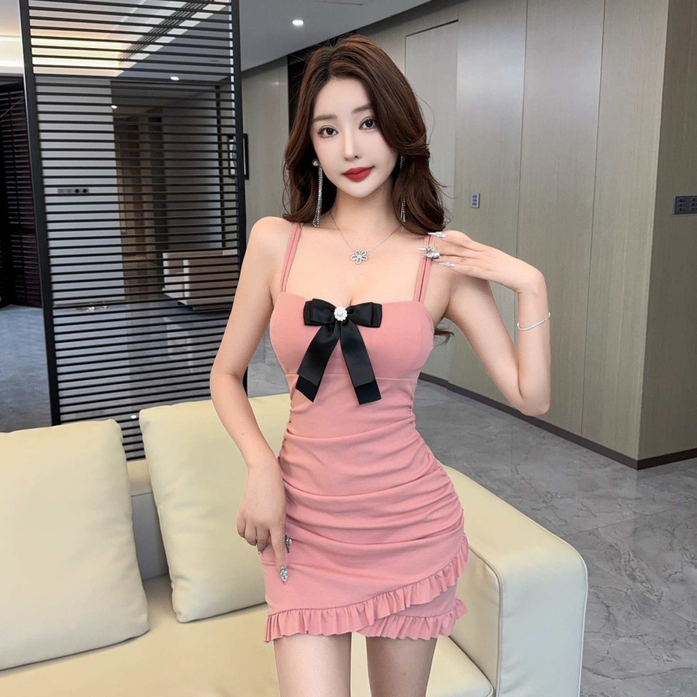 Pinched waist wrapped chest clavicle bow dress