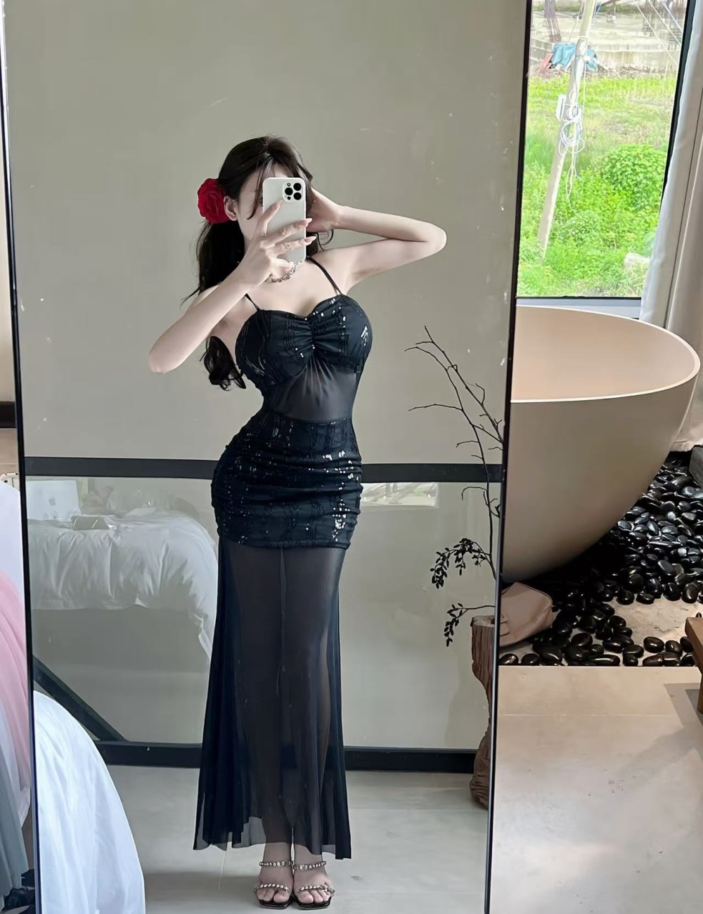 Gauze sexy sling translucent bottoming long dress
