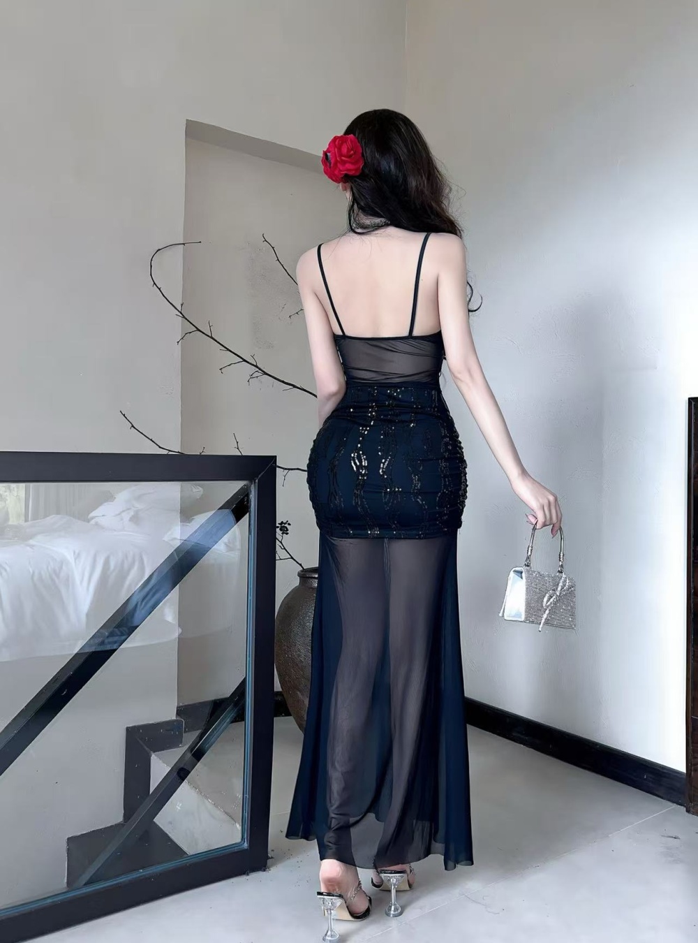 Gauze sexy sling translucent bottoming long dress