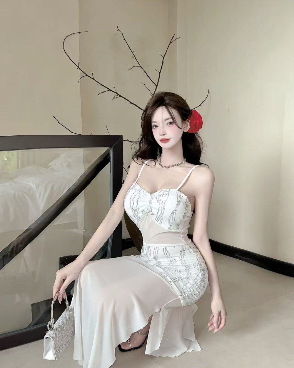 Gauze sexy sling translucent bottoming long dress