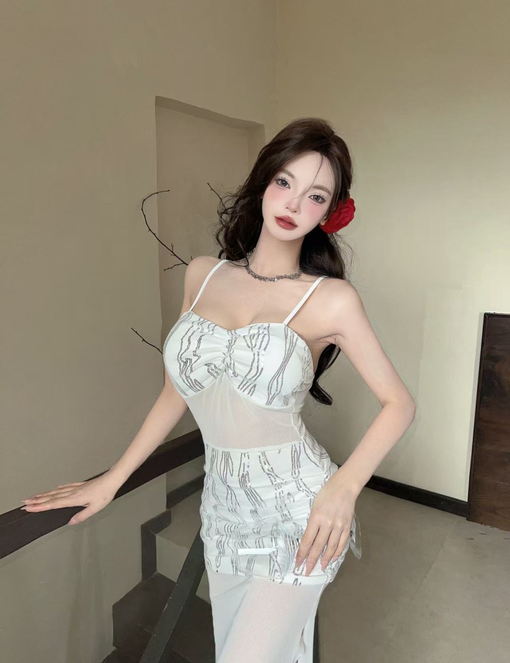 Gauze sexy sling translucent bottoming long dress