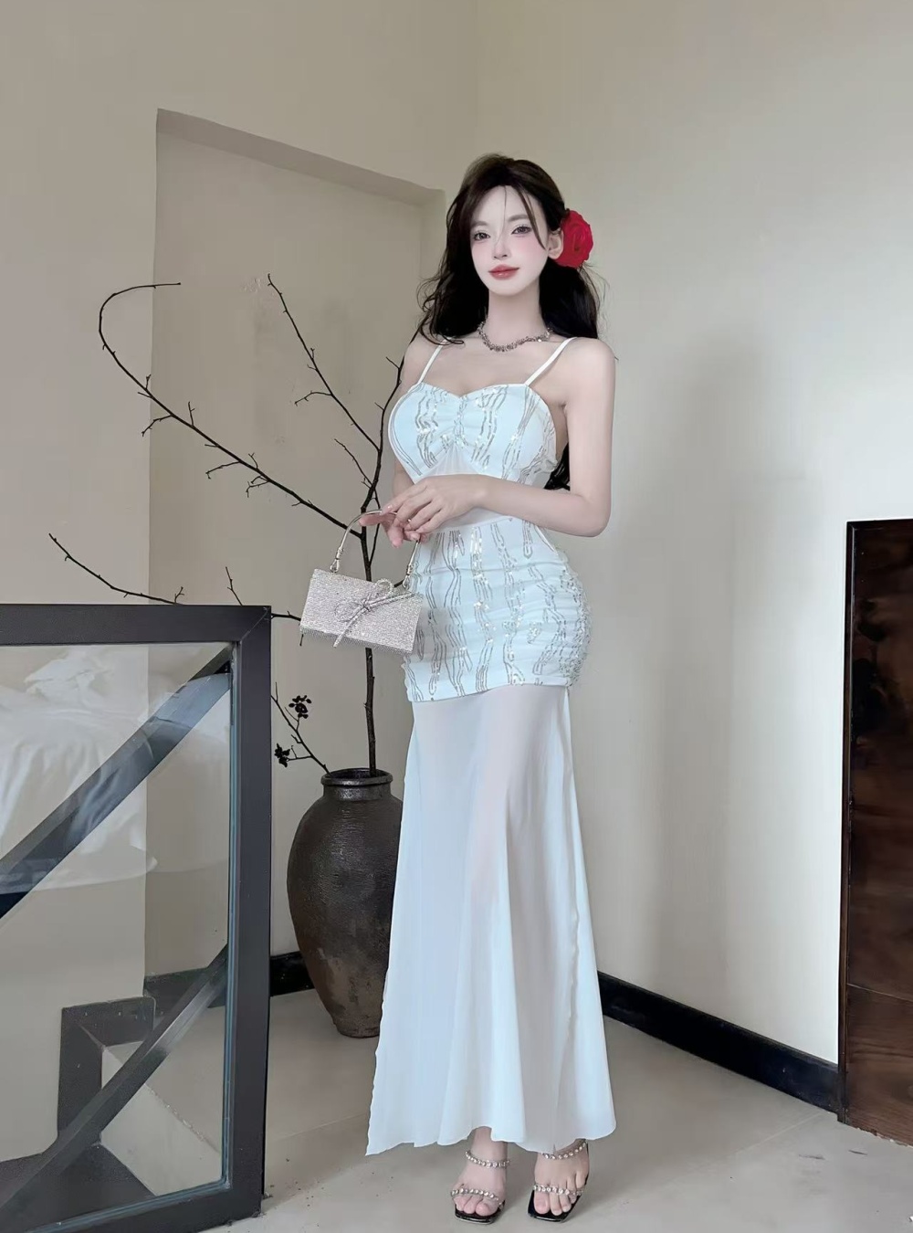Gauze sexy sling translucent bottoming long dress