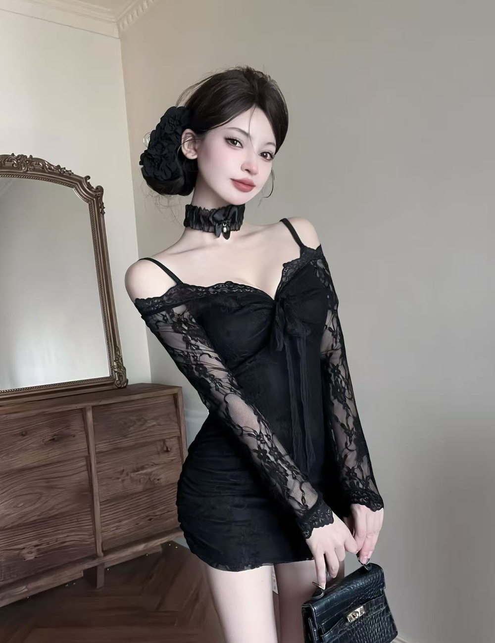 Splice lace bottoming collar long sleeve sexy dress