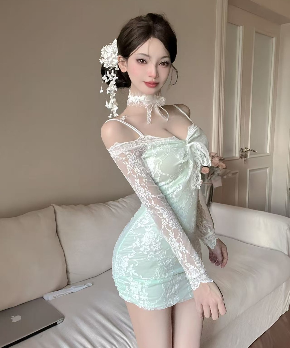 Splice lace bottoming collar long sleeve sexy dress