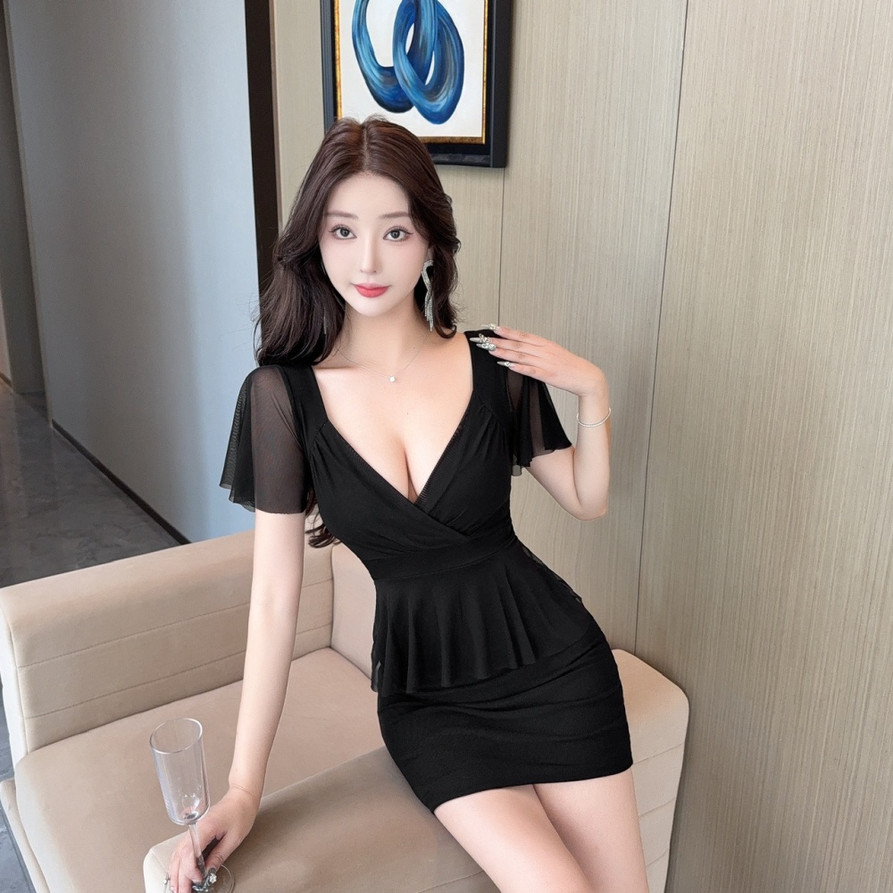 Tight low-cut sexy T-back package hip short sleeve gauze dress