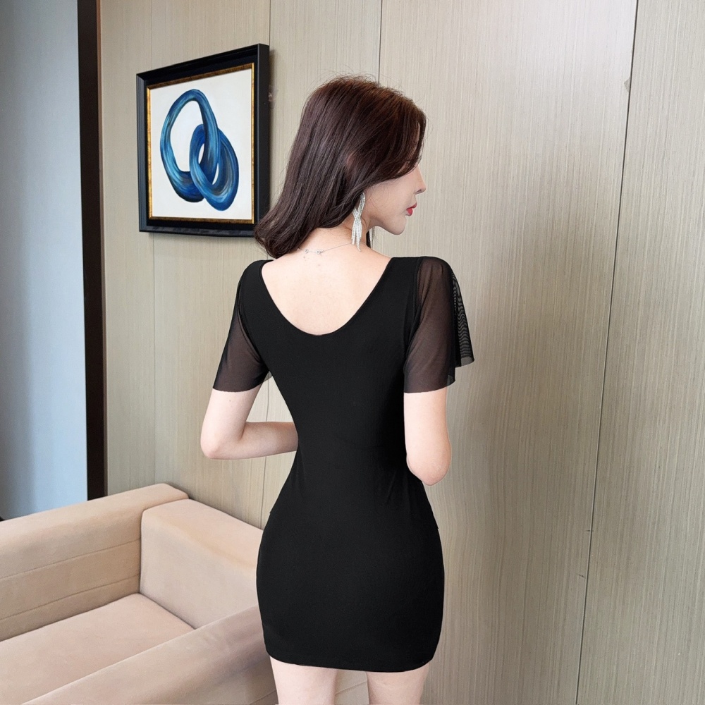 Tight low-cut sexy T-back package hip short sleeve gauze dress