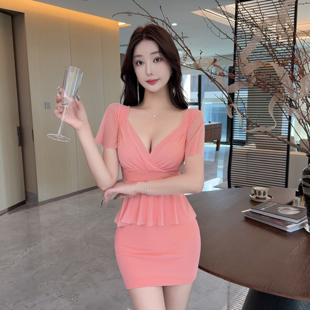 Tight low-cut sexy T-back package hip short sleeve gauze dress