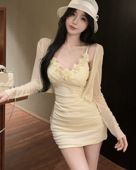 Enticement sexy shawl long sleeve dress 2pcs set