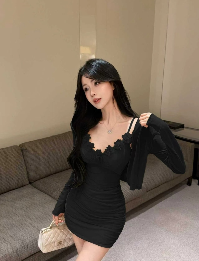 Enticement sexy shawl long sleeve dress 2pcs set