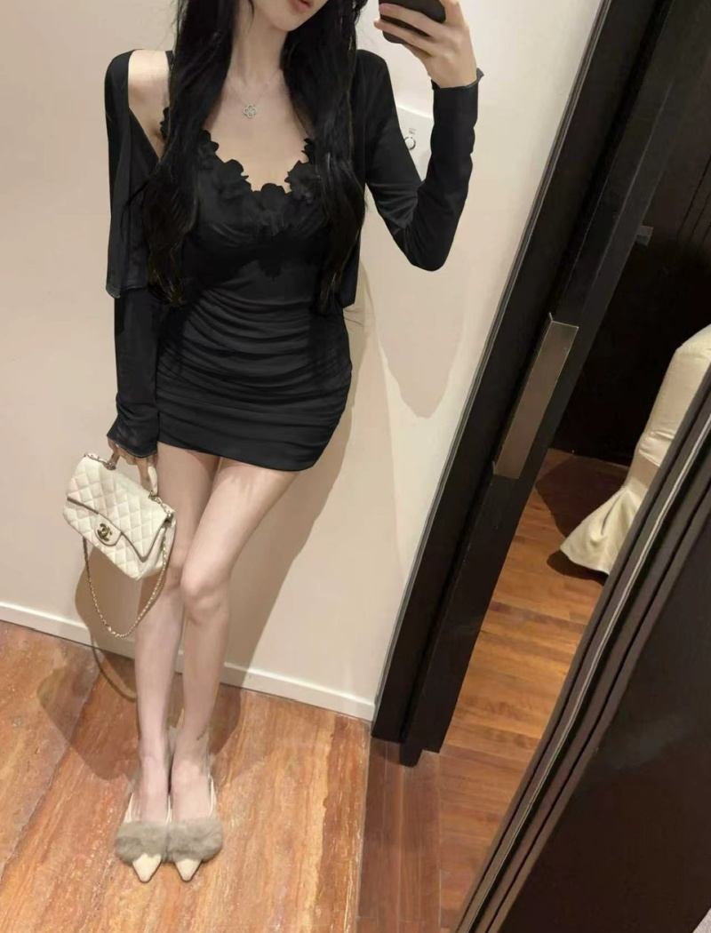 Enticement sexy shawl long sleeve dress 2pcs set