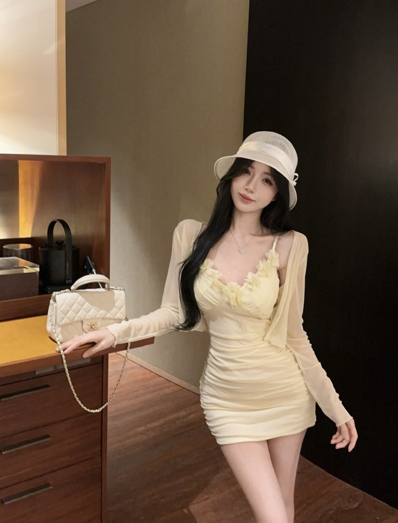 Enticement sexy shawl long sleeve dress 2pcs set