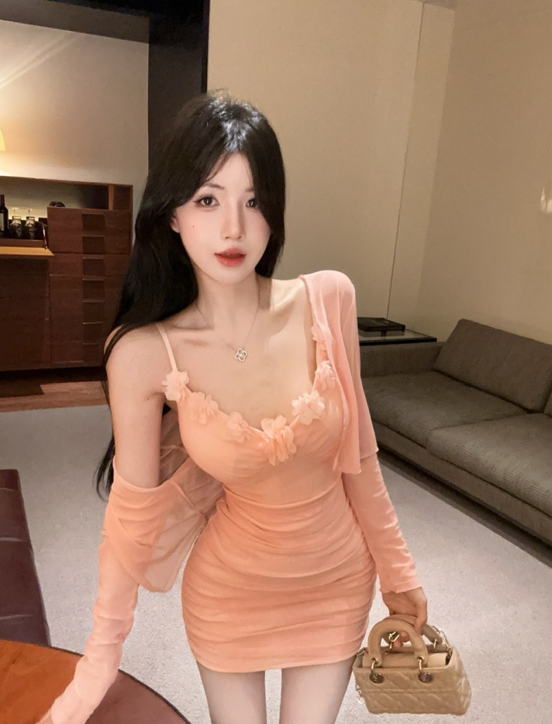 Enticement sexy shawl long sleeve dress 2pcs set