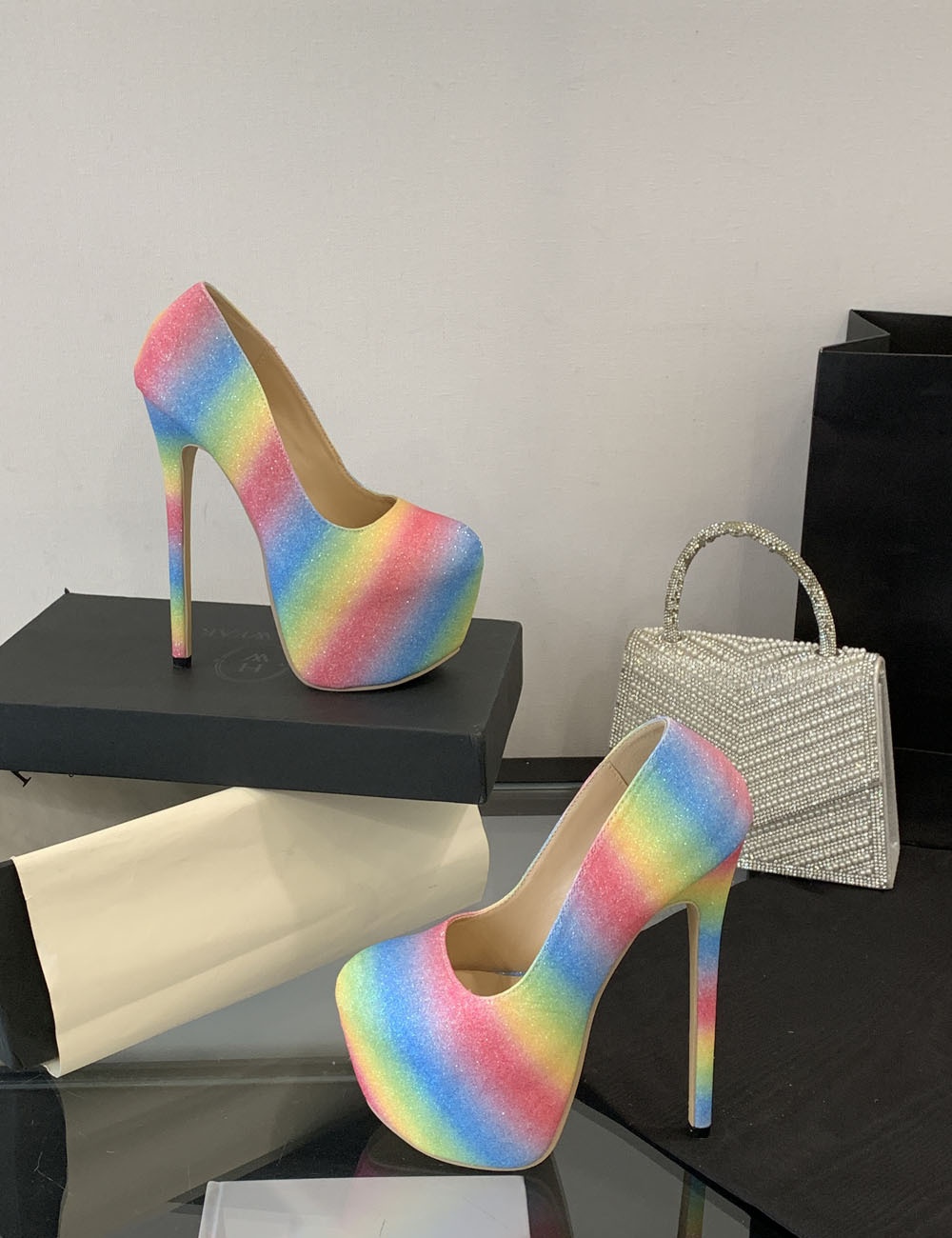 Autumn rainbow high-heeled shoes nightclub platform for women