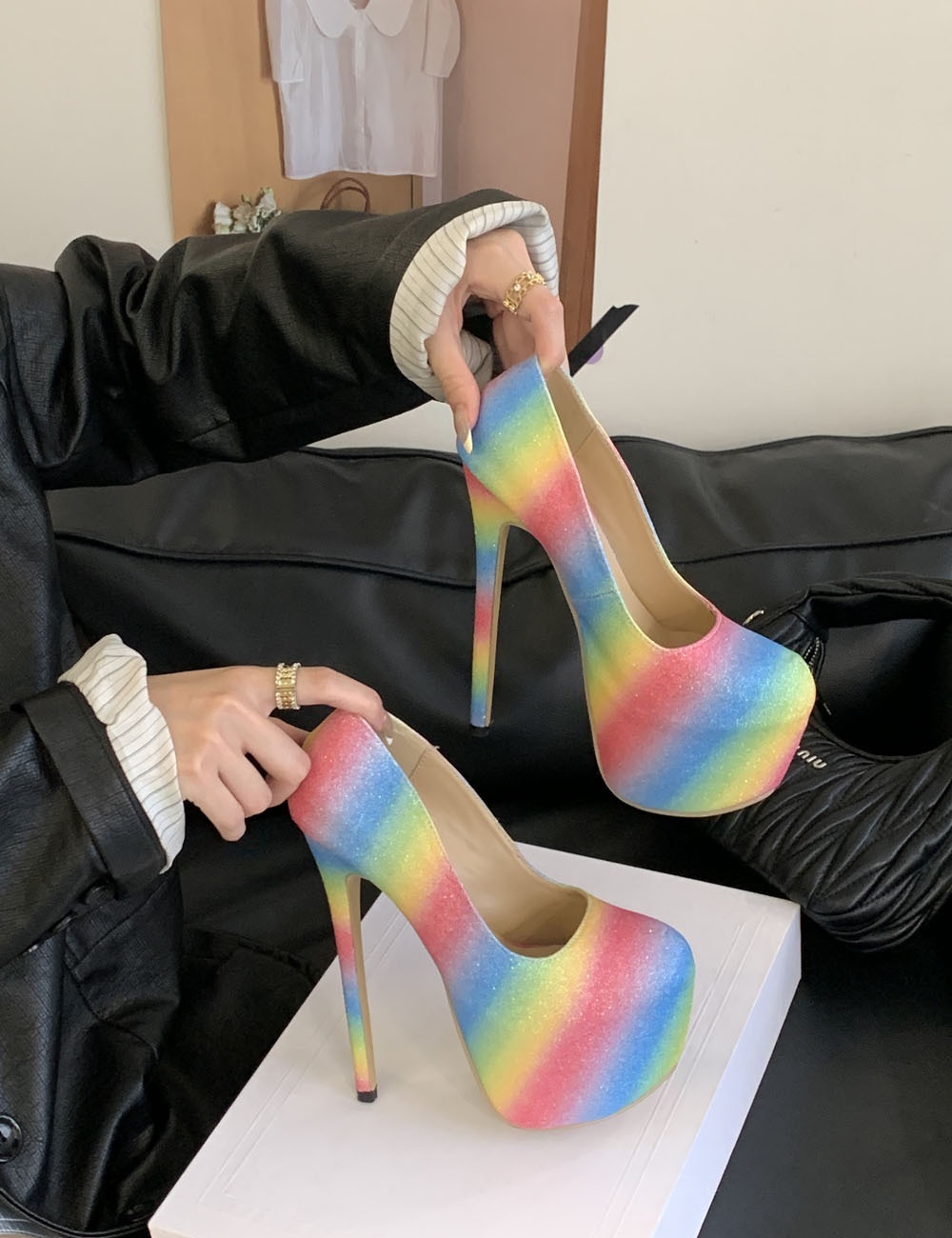 Autumn rainbow high-heeled shoes nightclub platform for women