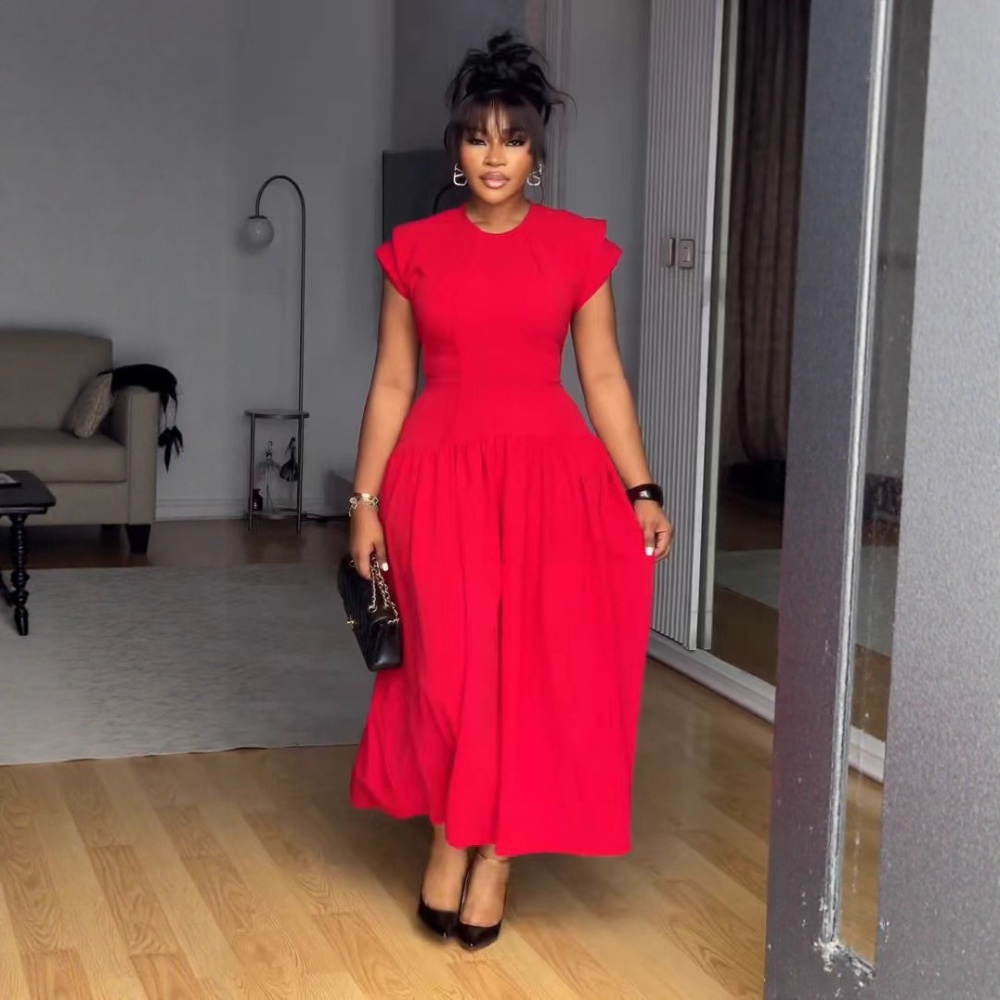 Boats sleeve elasticity pinched waist fold elegant dress