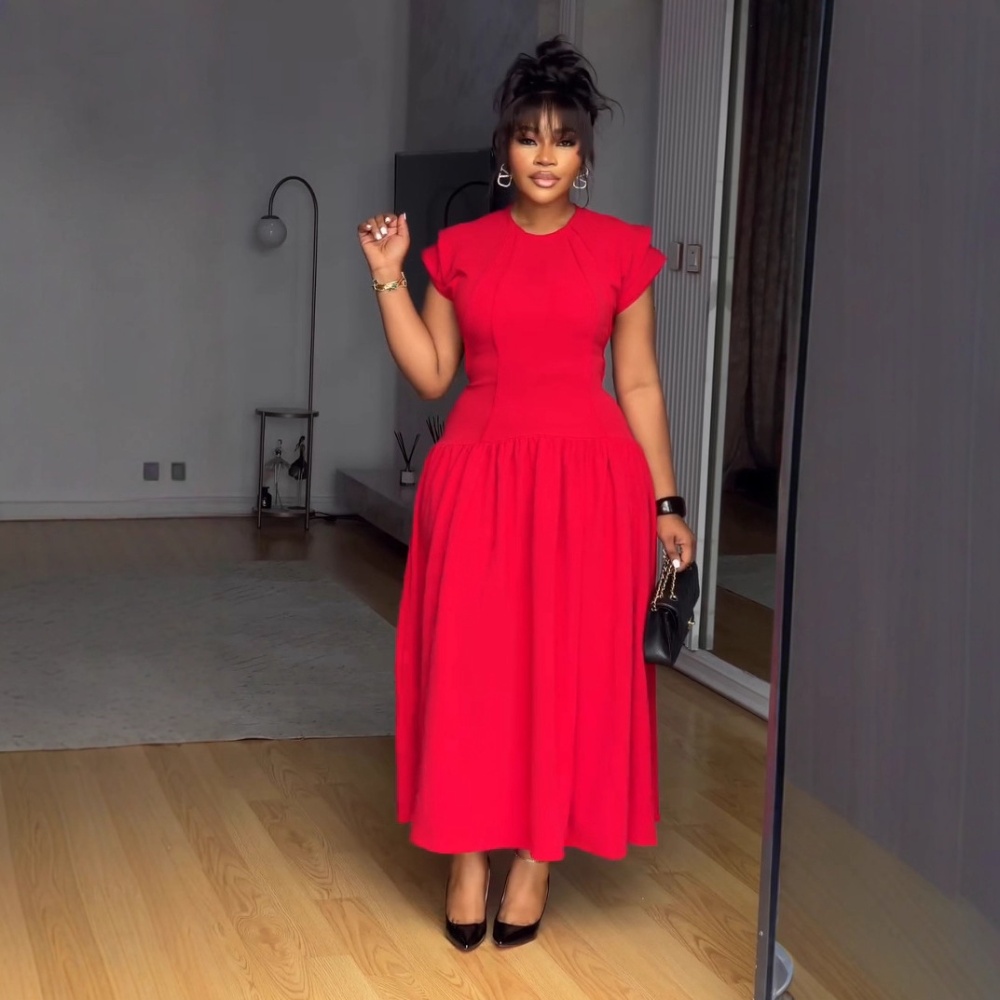 Boats sleeve elasticity pinched waist fold elegant dress