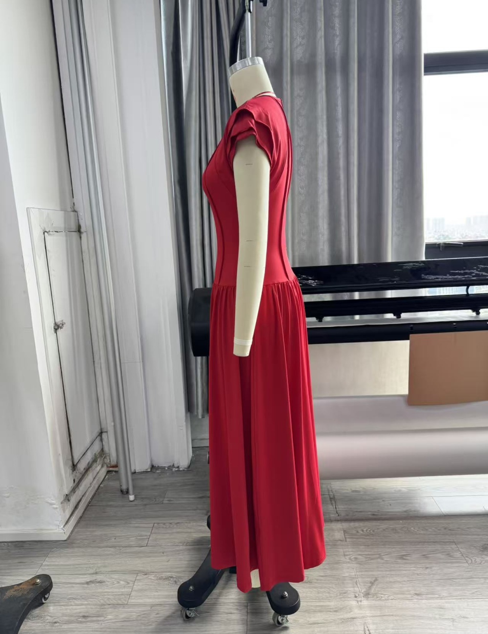 Boats sleeve elasticity pinched waist fold elegant dress
