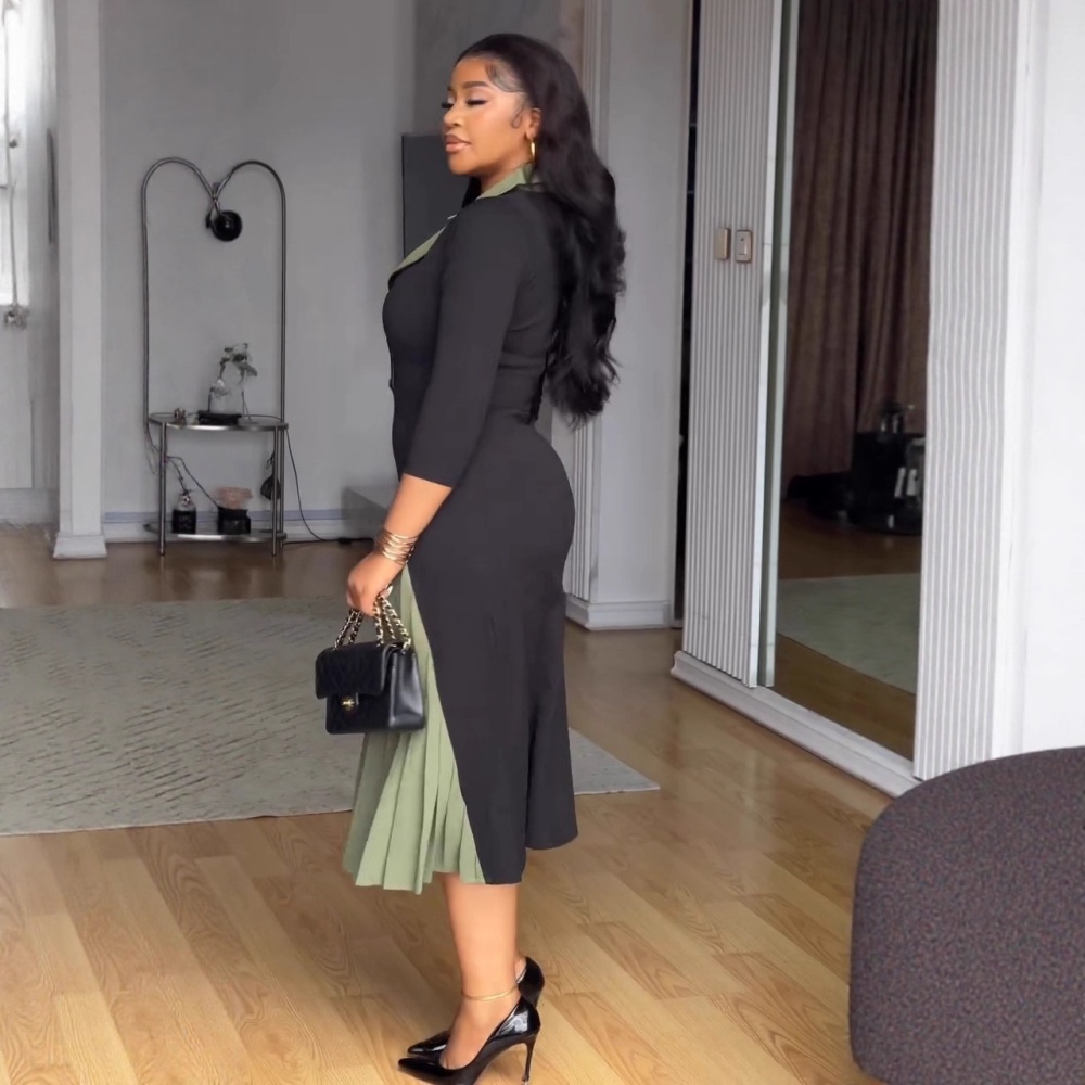 Elegant elasticity pinched waist mixed colors fold dress