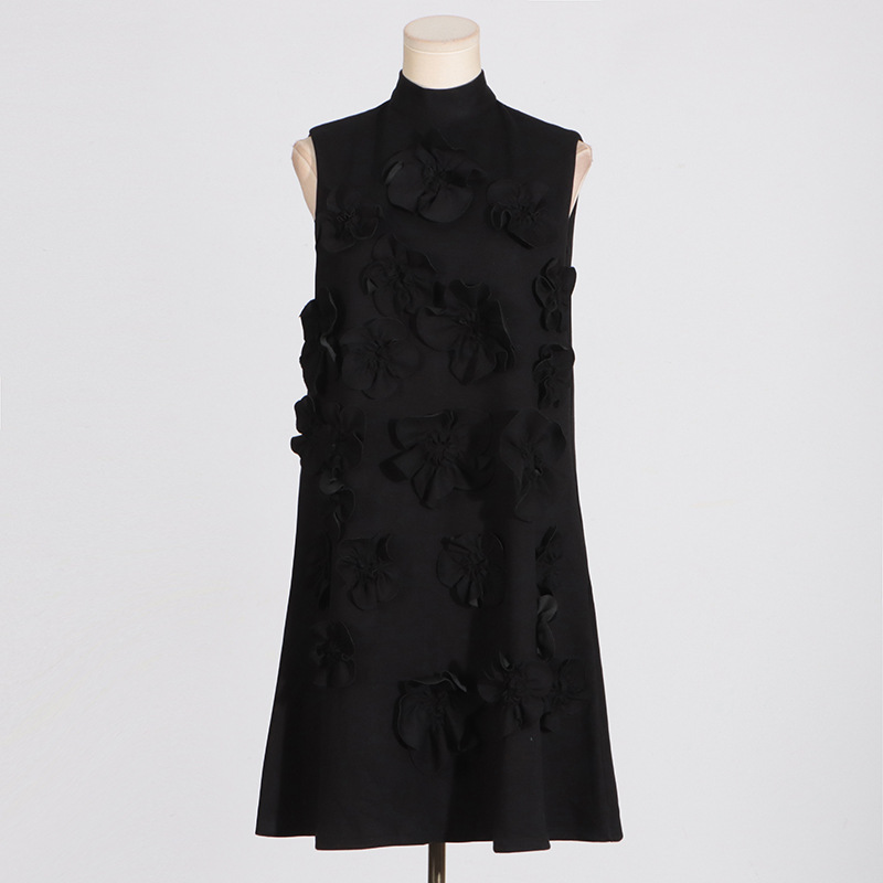 Sleeveless bow flowers T-back retro cstand collar dress