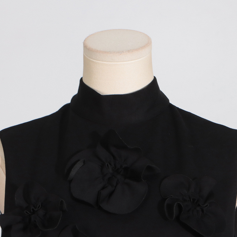 Sleeveless bow flowers T-back retro cstand collar dress