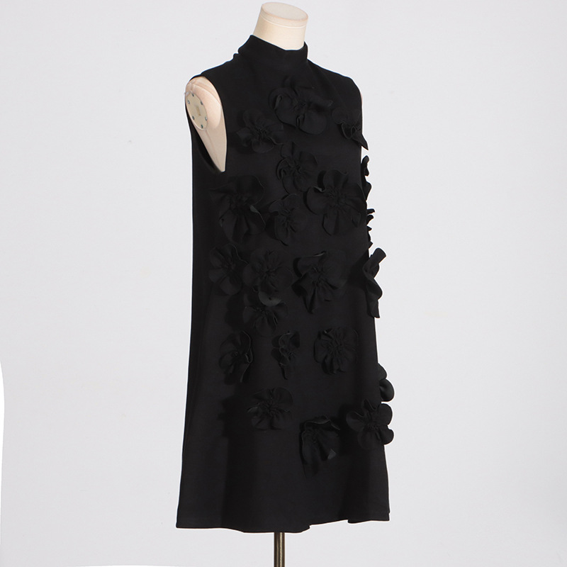 Sleeveless bow flowers T-back retro cstand collar dress