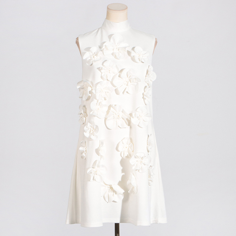 Sleeveless bow flowers T-back retro cstand collar dress