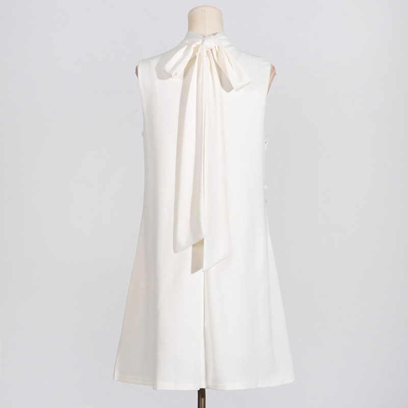 Sleeveless bow flowers T-back retro cstand collar dress
