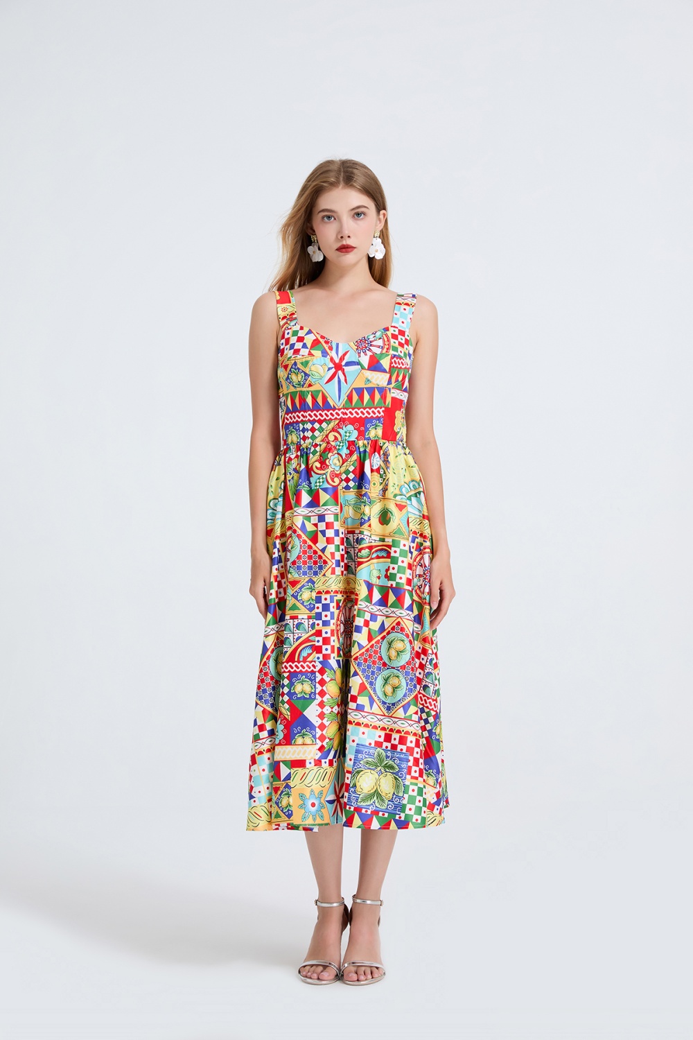 Back elastic high waist printing sling court style dress