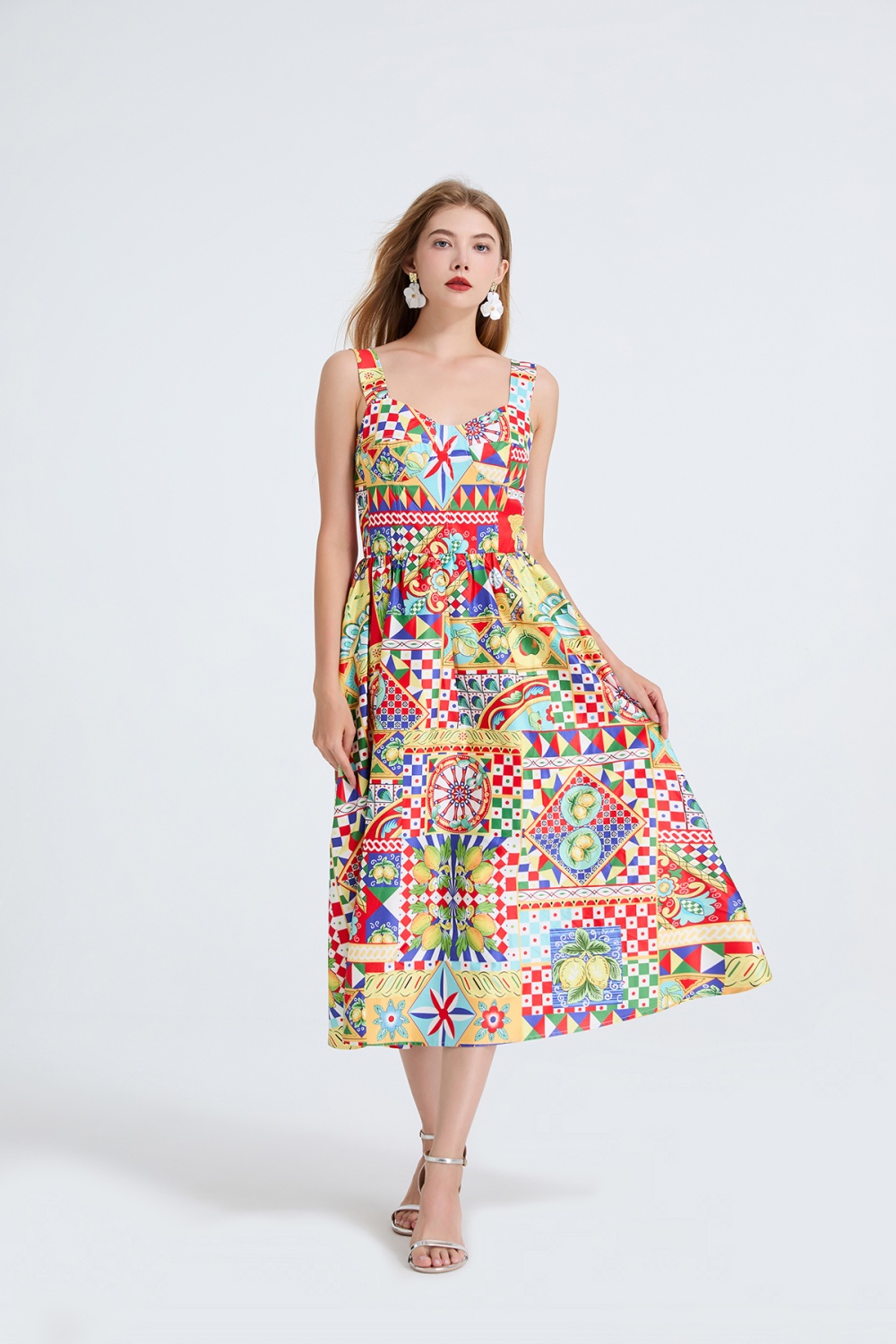 Back elastic high waist printing sling court style dress