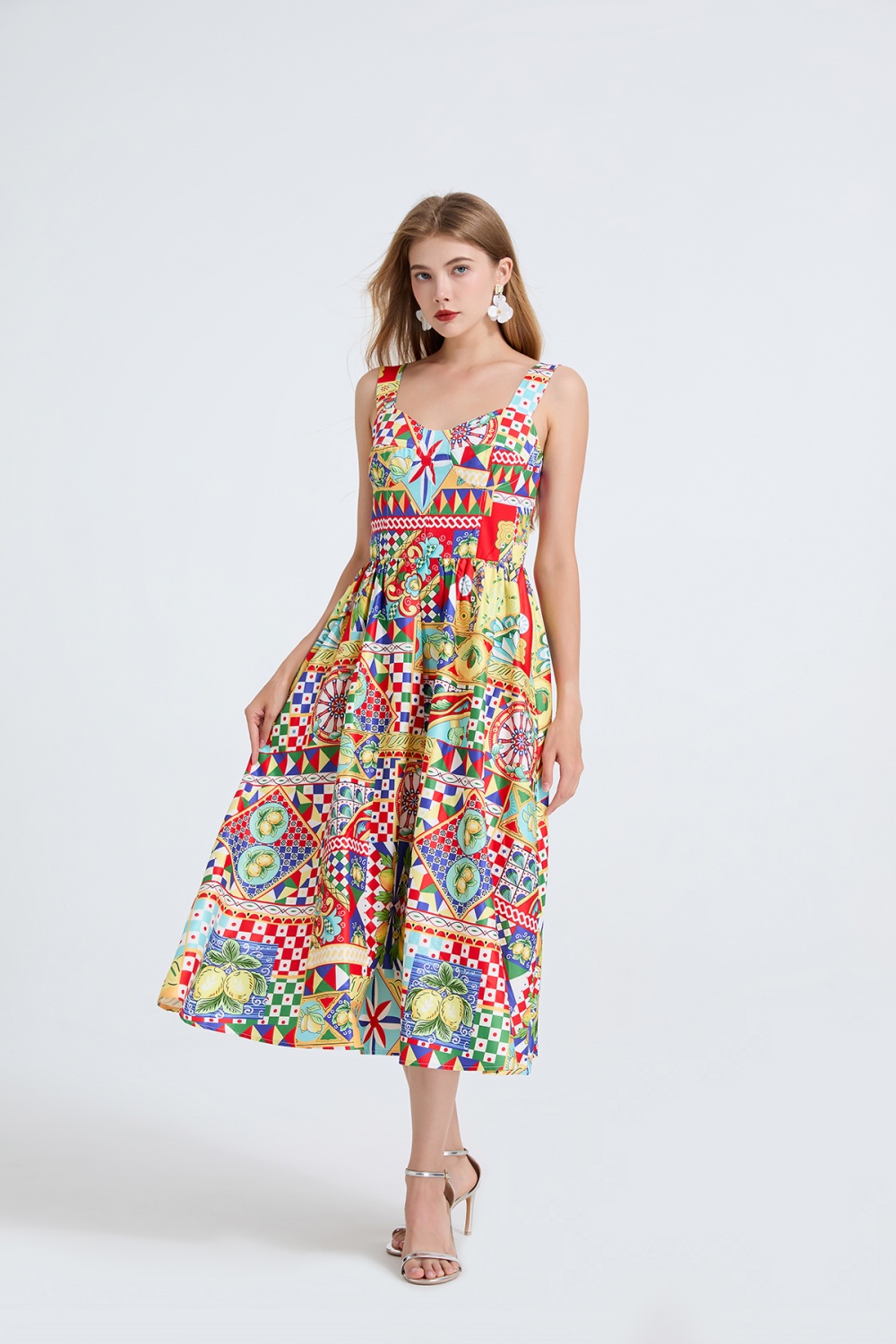 Back elastic high waist printing sling court style dress
