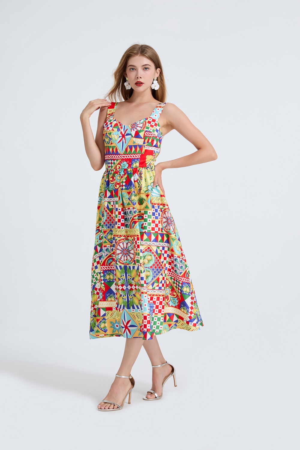 Back elastic high waist printing sling court style dress
