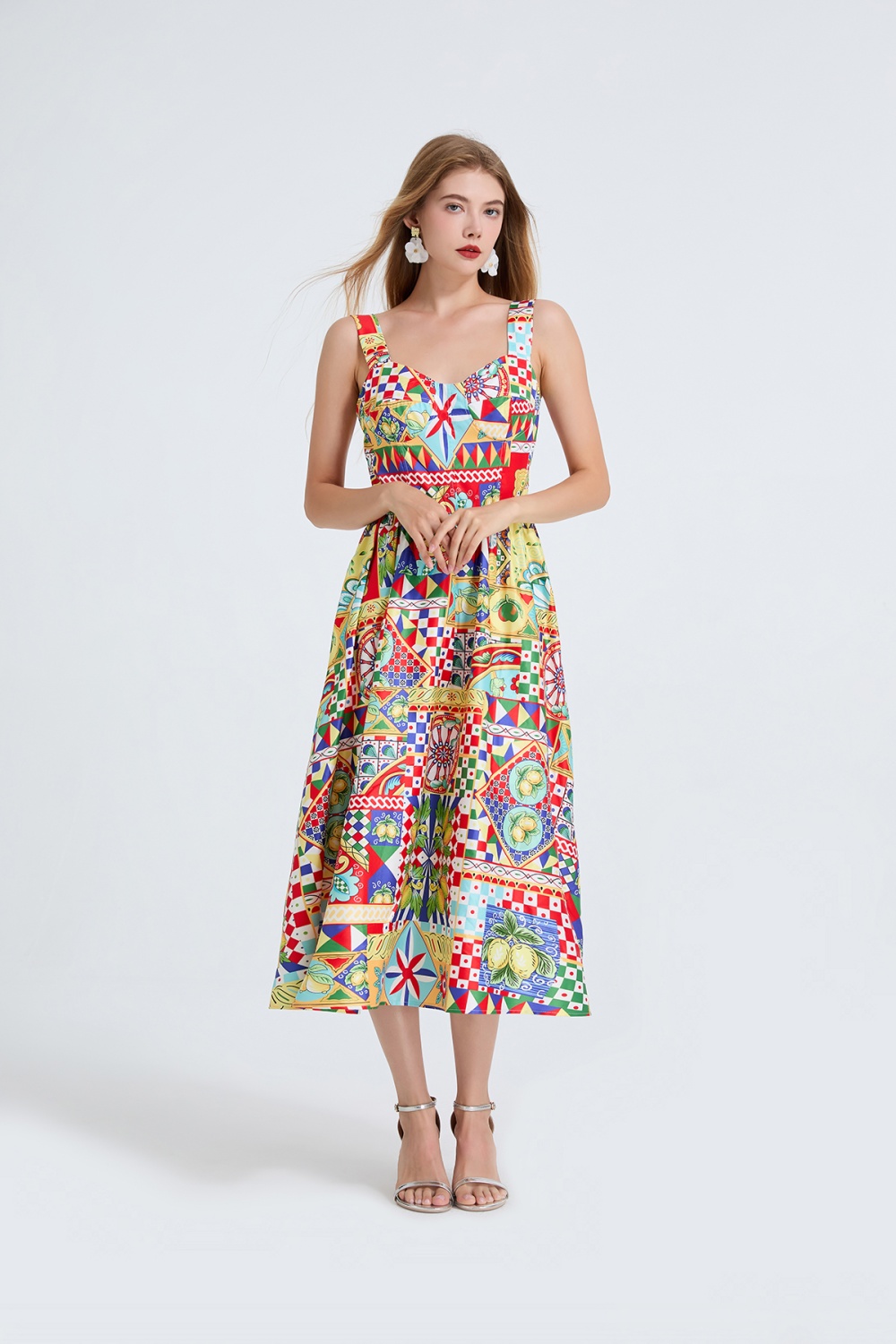 Back elastic high waist printing sling court style dress