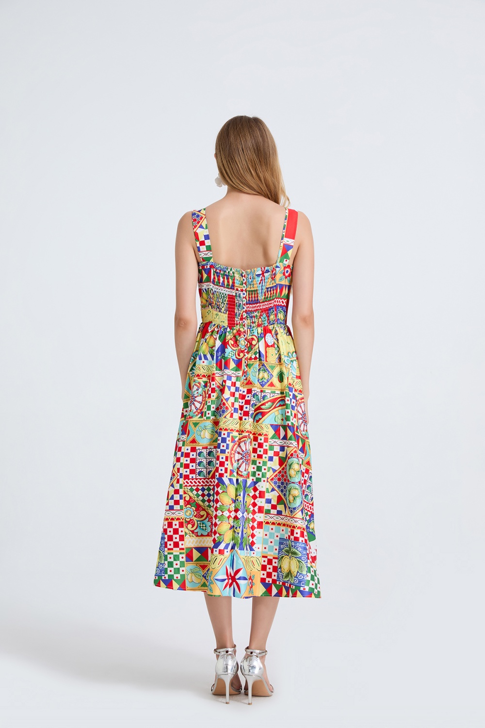 Back elastic high waist printing sling court style dress