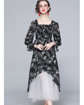 Decorous flocking black temperament autumn flowers dress