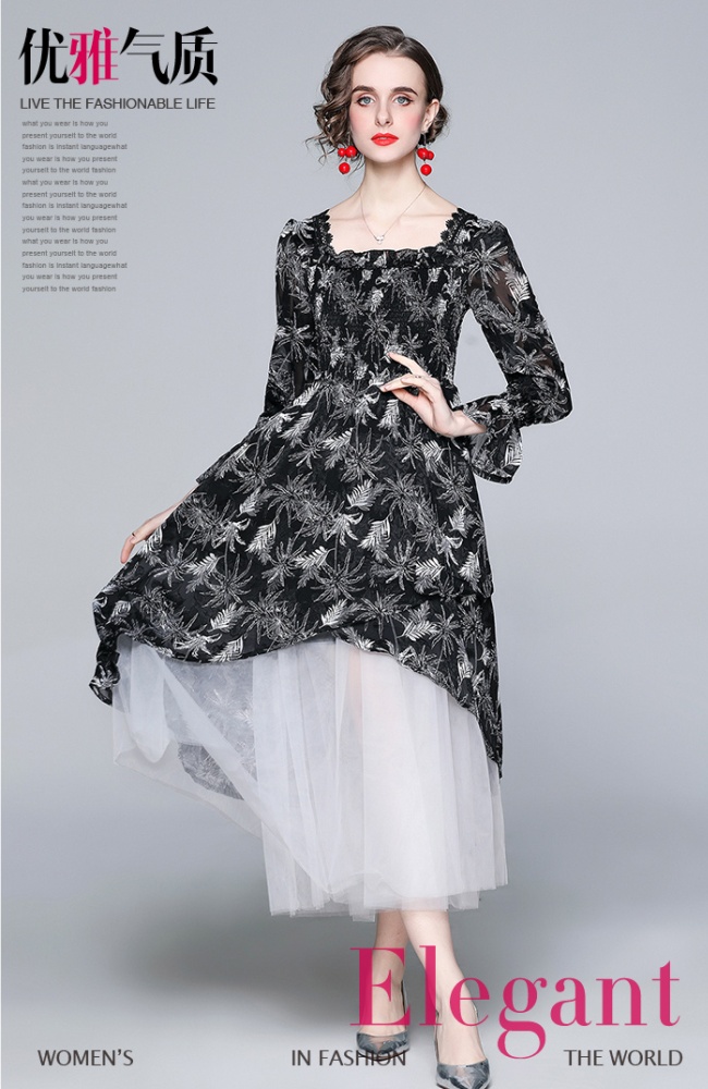 Decorous flocking black temperament autumn flowers dress