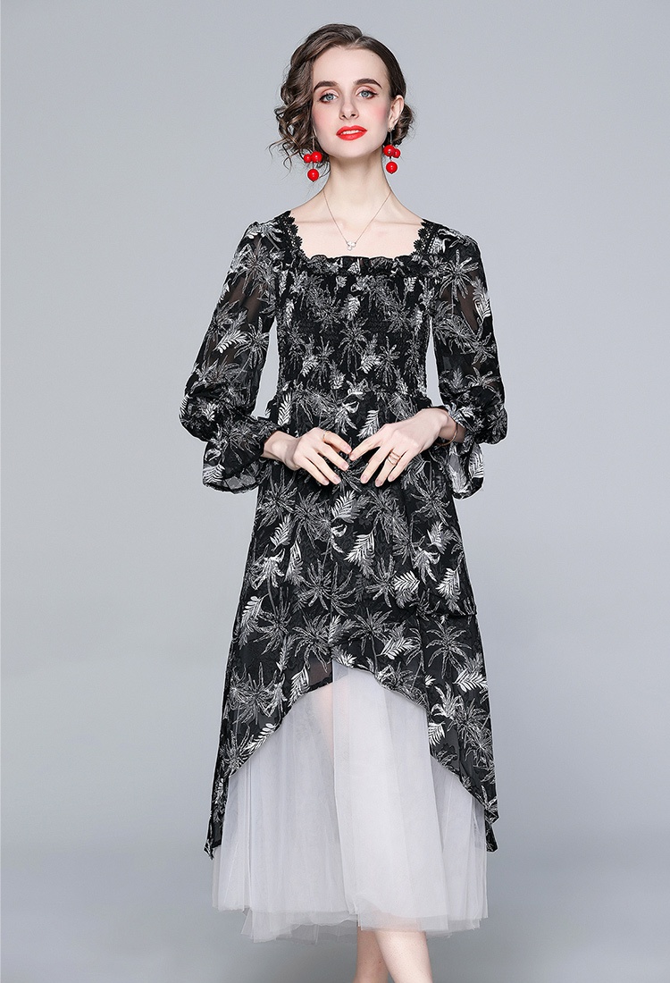 Decorous flocking black temperament autumn flowers dress