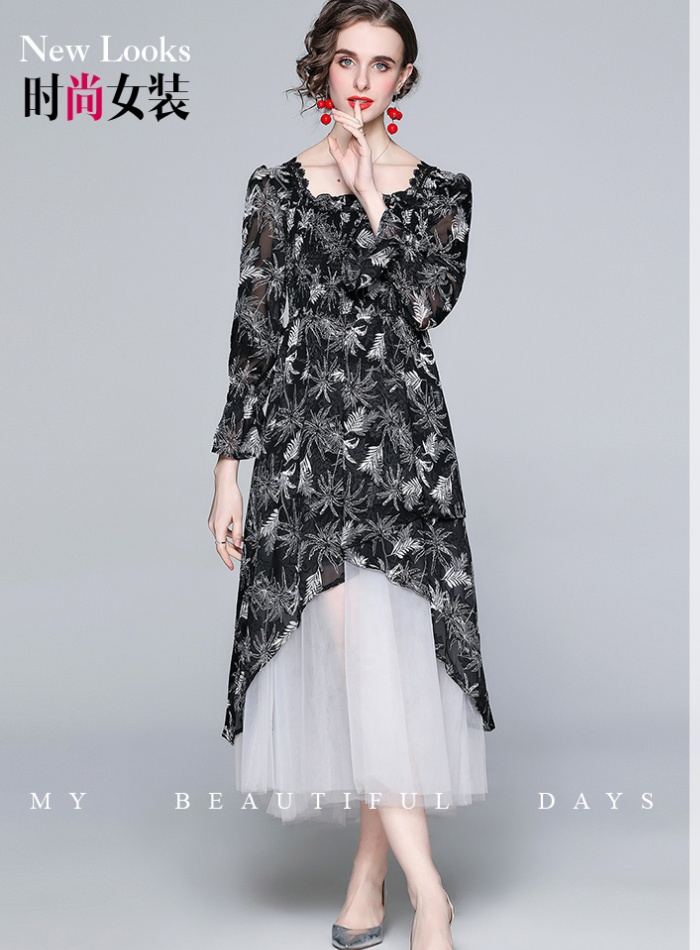 Decorous flocking black temperament autumn flowers dress