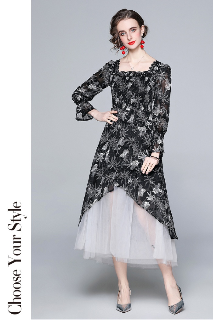 Decorous flocking black temperament autumn flowers dress