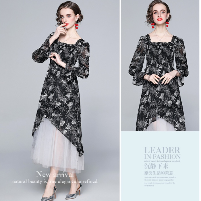 Decorous flocking black temperament autumn flowers dress