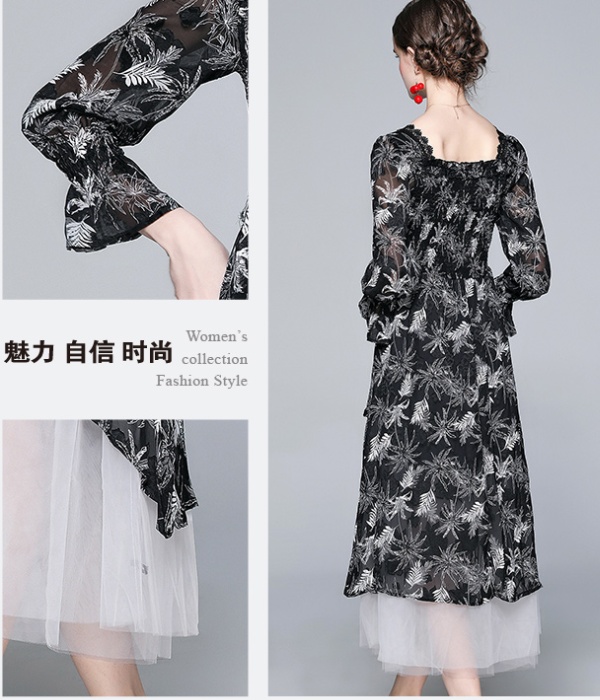 Decorous flocking black temperament autumn flowers dress