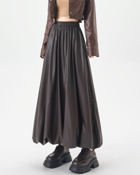 Bud lantern A-line skirt autumn PU long dress for women