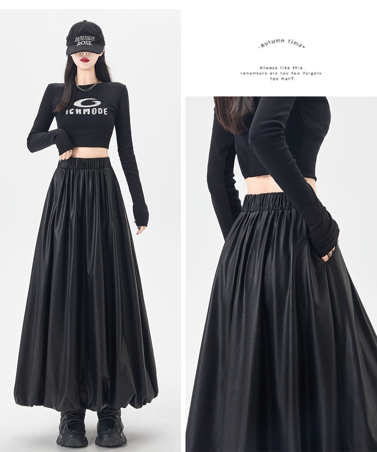 Bud lantern A-line skirt autumn PU long dress for women
