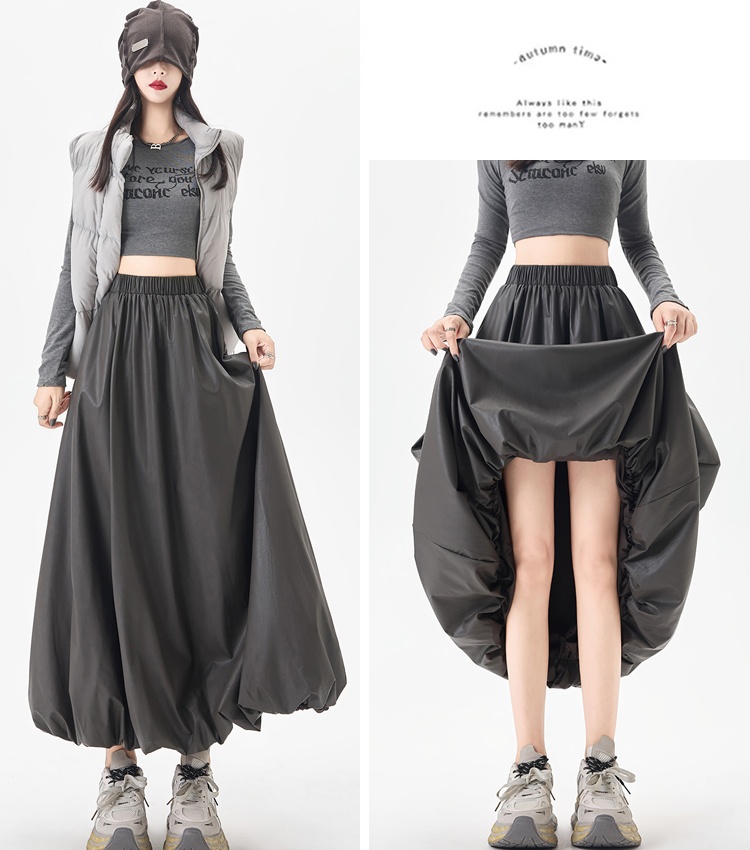 Bud lantern A-line skirt autumn PU long dress for women