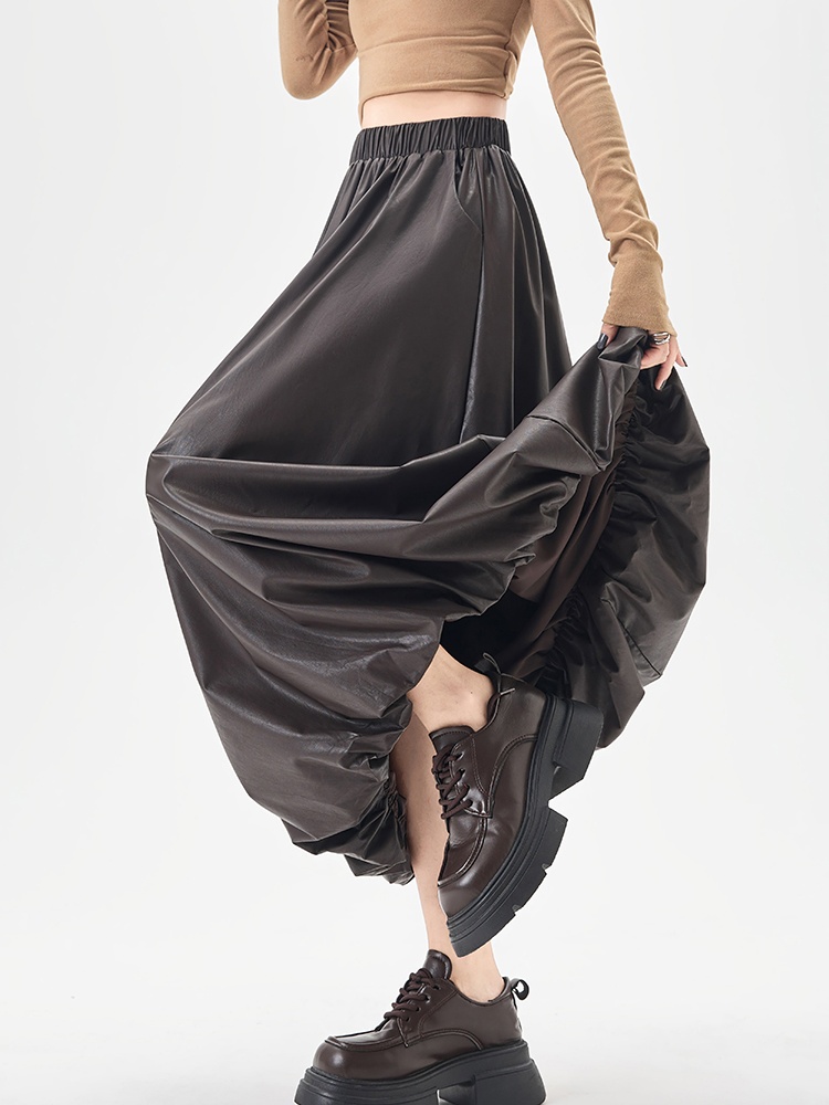 Bud lantern A-line skirt autumn PU long dress for women