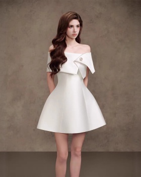 A-line elegant pinched waist dress satin flat shoulder T-back