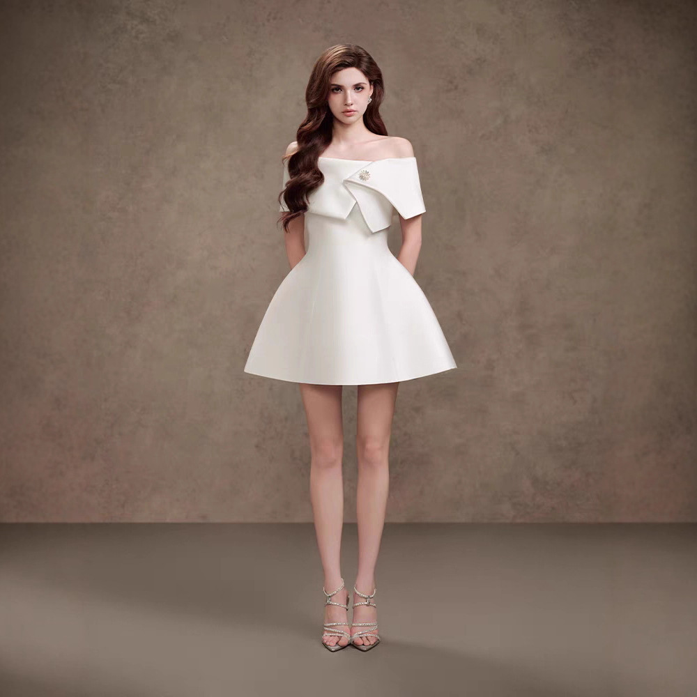 A-line elegant pinched waist dress satin flat shoulder T-back