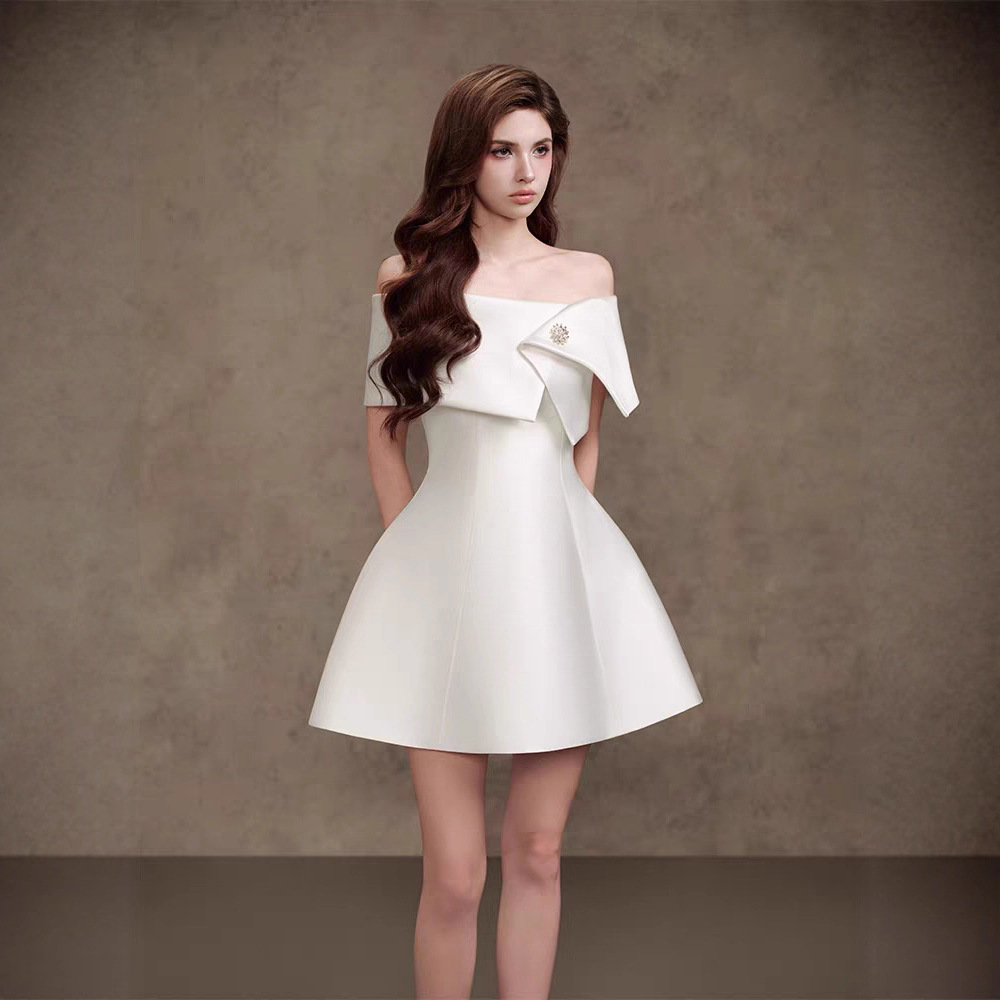 A-line elegant pinched waist dress satin flat shoulder T-back