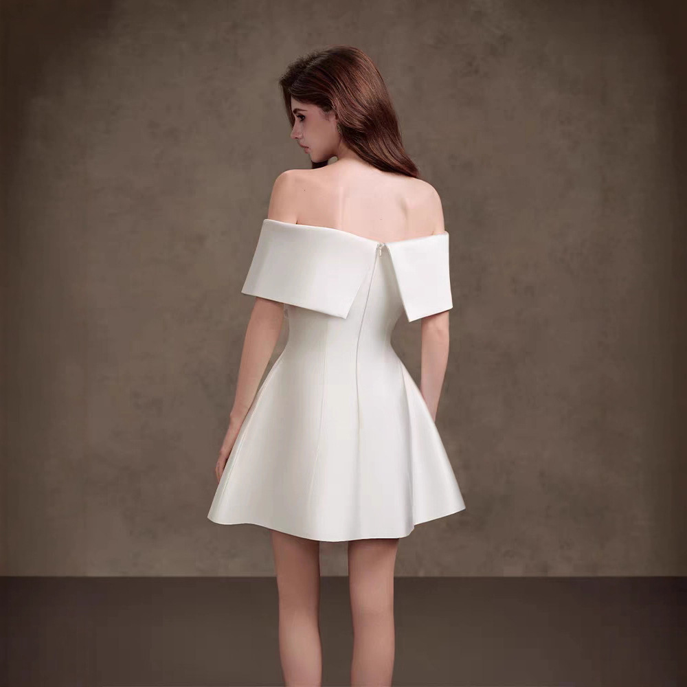 A-line elegant pinched waist dress satin flat shoulder T-back