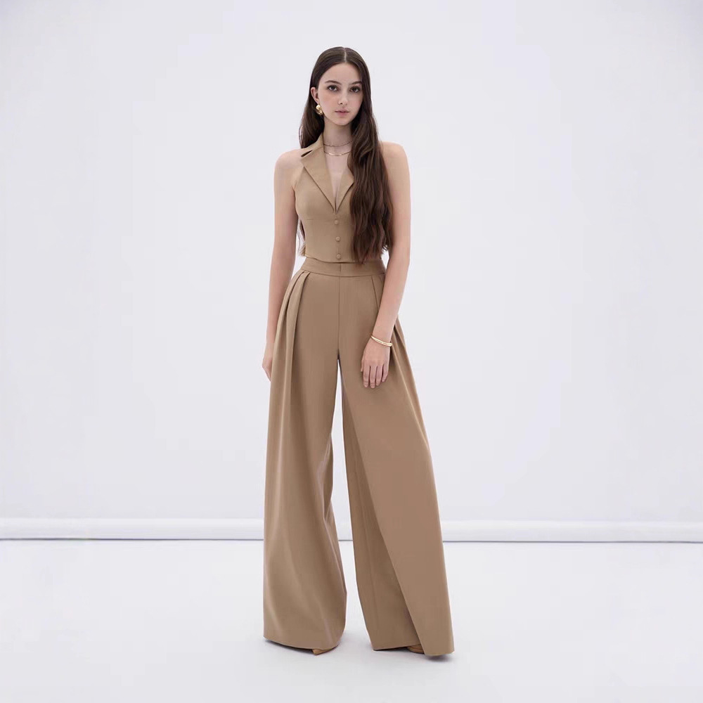 Wide leg halter tops high waist long pants 2pcs set