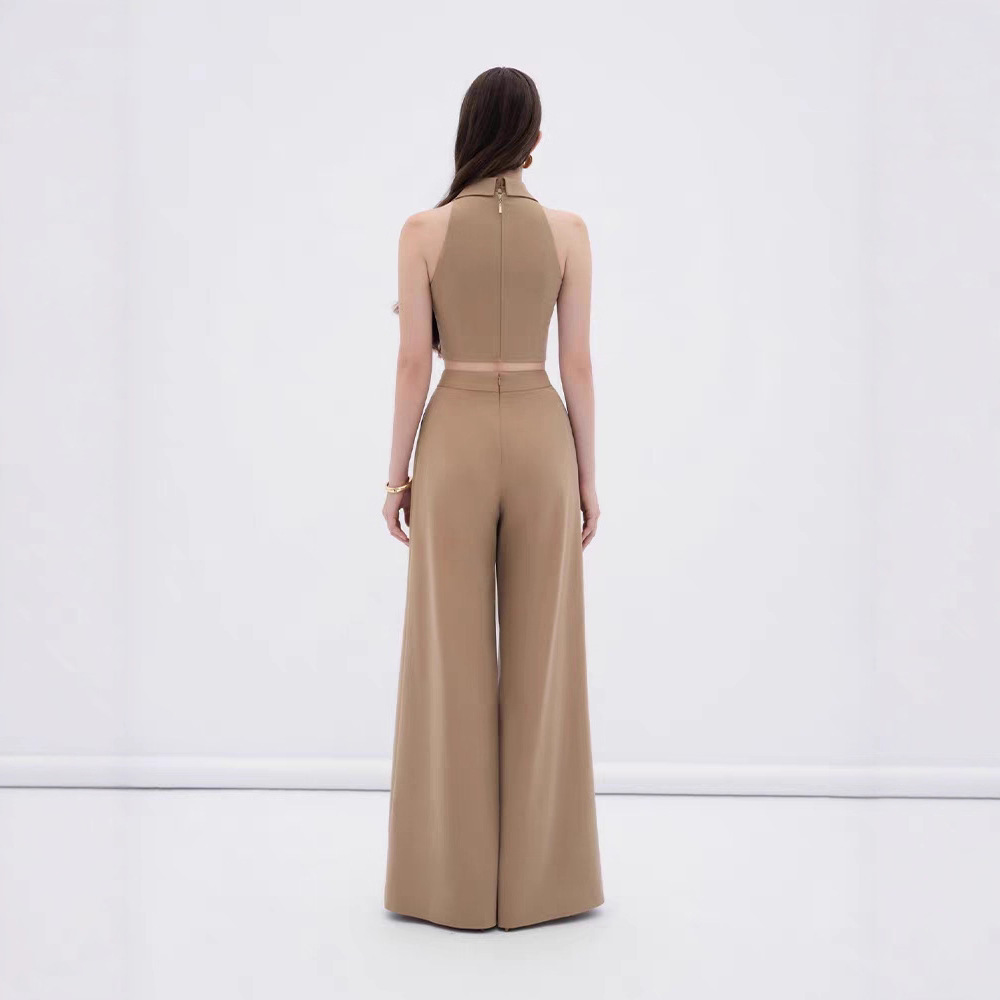Wide leg halter tops high waist long pants 2pcs set